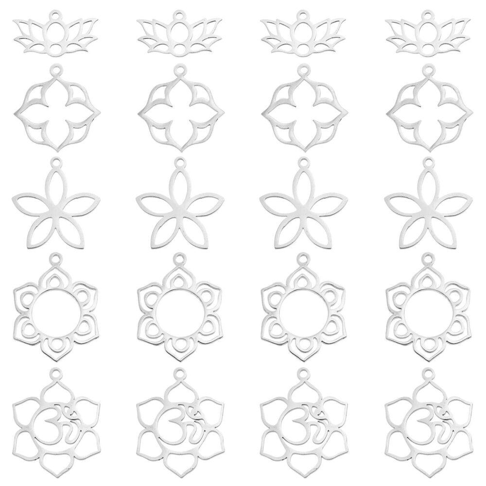 6660 20pcs 5 Styles Flower Hollow Charm Open Back Bezel Pendants Stainless